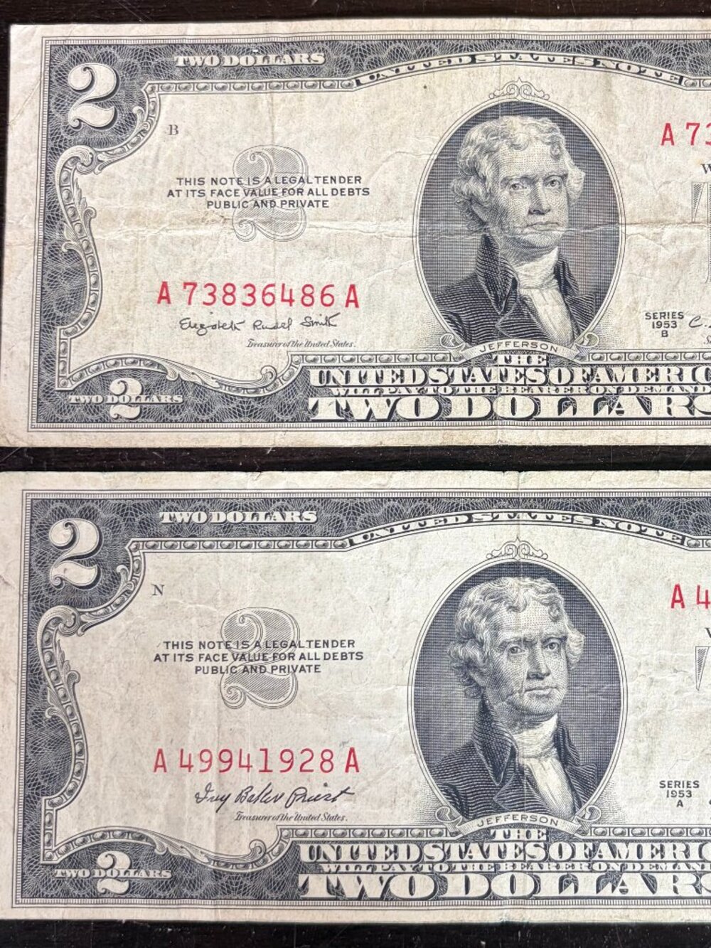 2 Vtg United States Red Seal $2 Bills Series 1953 & 1963 Circulated Paper Money